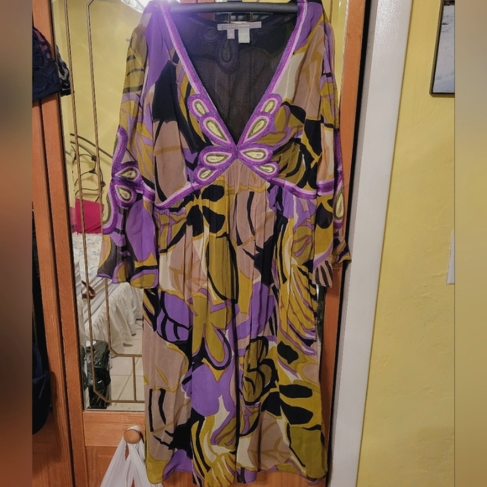 Zara bell sleeve dress purple green and brown print size small